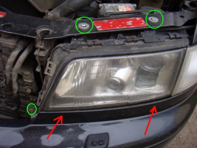 DSC07852.jpg (68.45 КБ) 18960 просмотров откручиваем верхние крепления, снимаем ресницу. красными стрелками показаны направления нахождения нижних саморезов фары