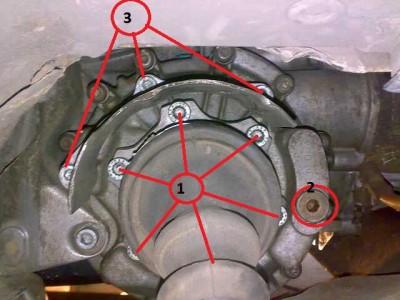 1 - Болты шруса по 6 шт. с каждой стороны( многогранник № 10)<br />3 - болты защиты по 3шт. с каждой стороны ( шестигранник №6 )<br />2 - заливная пробка переднего дифференциала