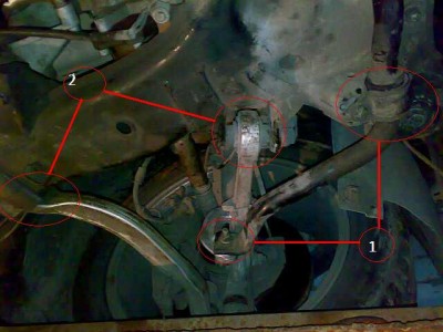 1 - места крепления стабилизатора<br />2 - места крепления нижних рычагов