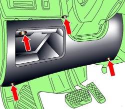 Рис. 14–4. Расположение винтов крепления декоративной нижней накладки под панелью приборов со стороны водителя